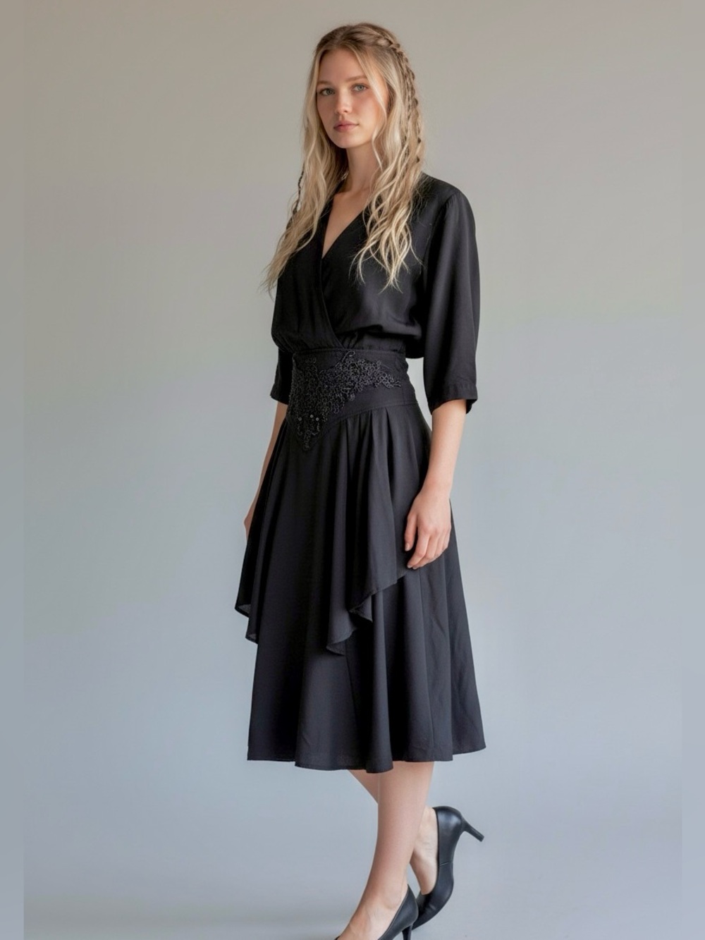 80s / 90s Gothic Minimalist Yoke Waist Deep V Witchy Midi Dress / M - Picture 6 of 12